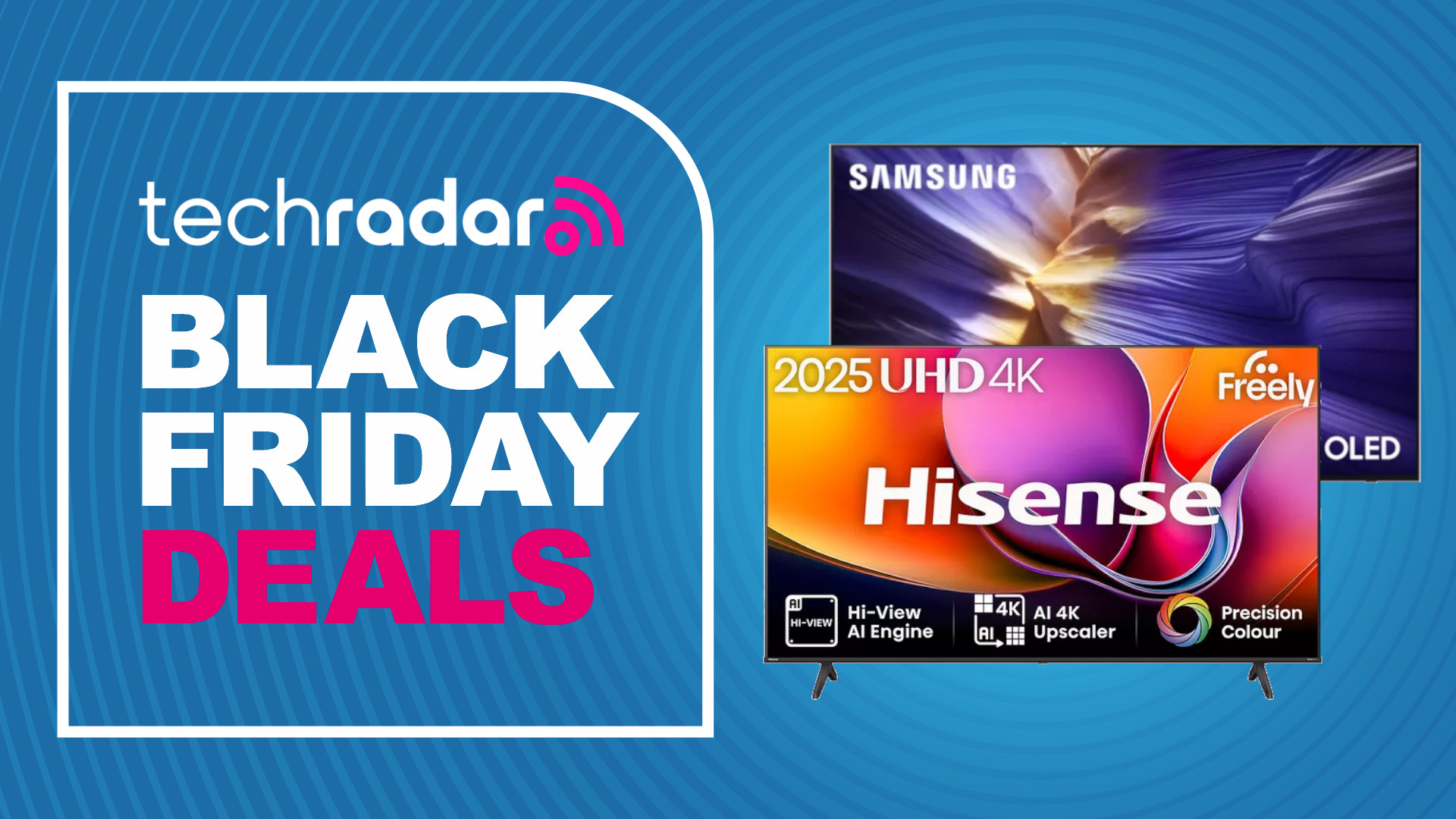 Black Friday TV deals header image featuring a Samsung and Hisense TV on a blue background
