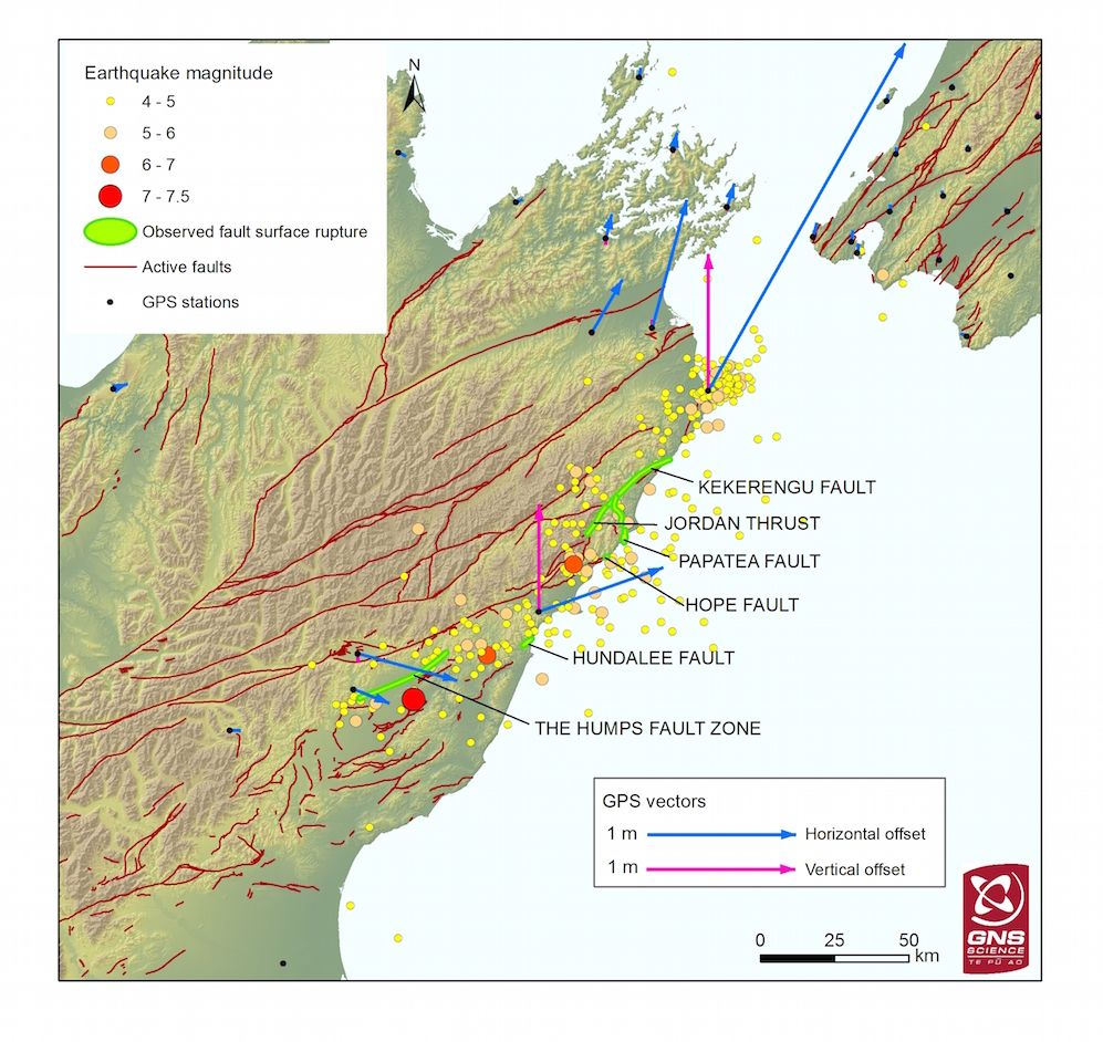 map of fault rupture along Kaikoura fault