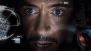 Tony Stark looking at his helmet's interior display