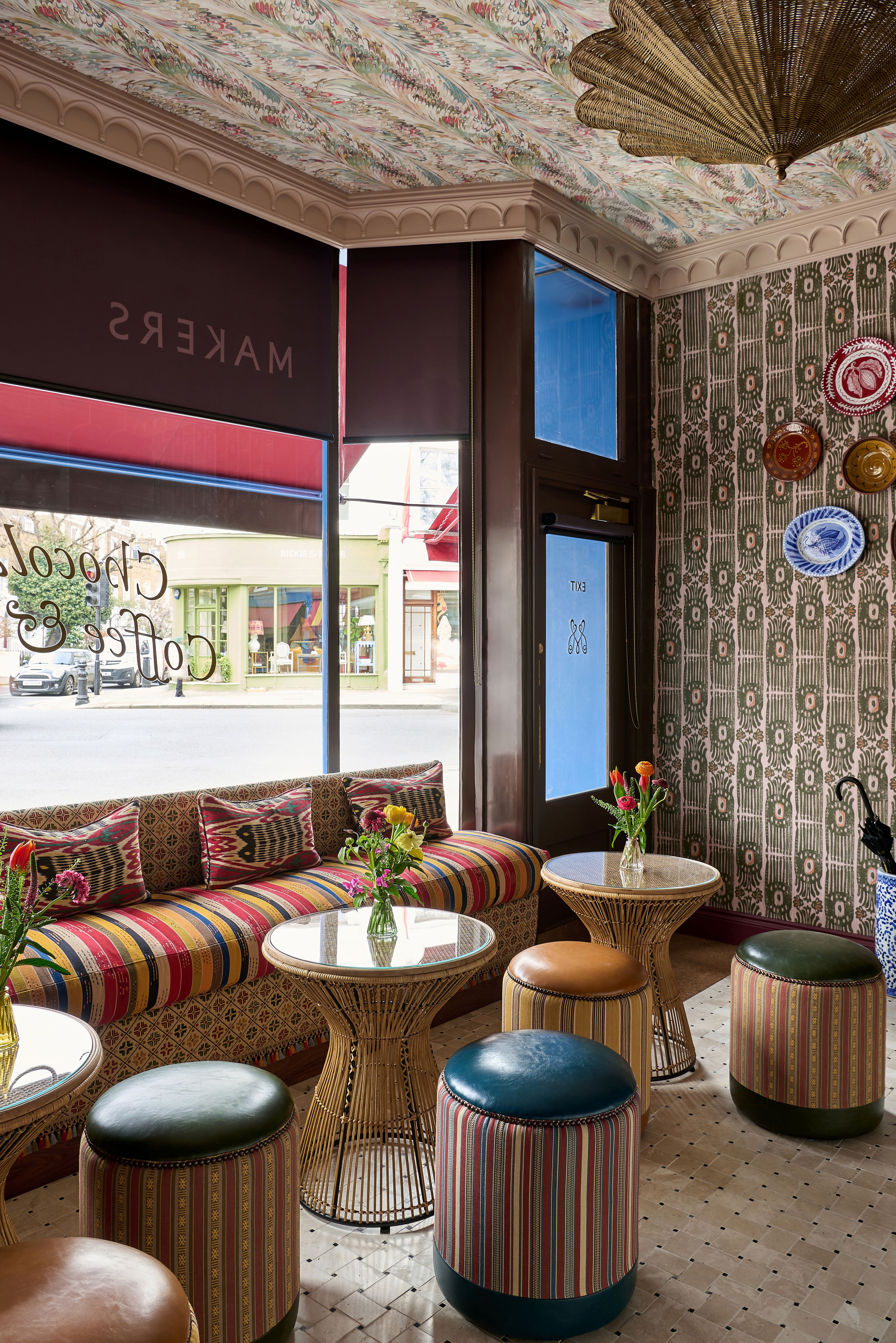 Colourful seating inside Makers chocolate shop