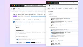 Side-by-side comparison of the how GitHub Dependabot is displayed int he legitimate way and in the spoofed way