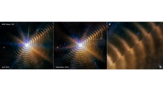 Three images show details of the concentric gas rings expanding into space.