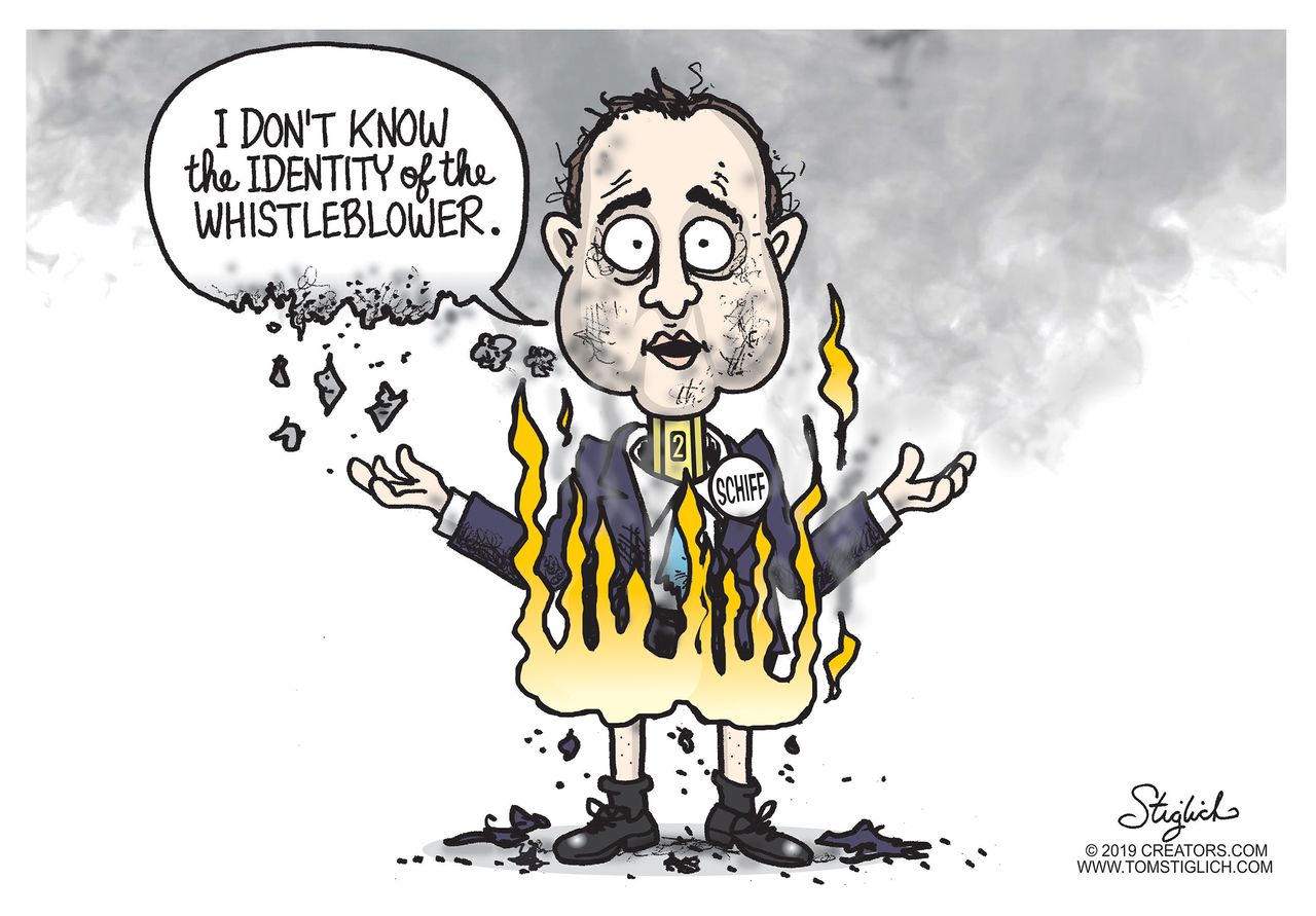 Political Cartoon U.S. Whistleblower Identity Schiff Liar Pants On Fire