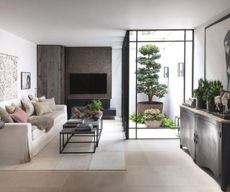 A dark, Japandi living room with a large plant feature behing glass and a TV at the far end 