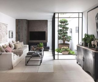 A dark, Japandi living room with a large plant feature behing glass and a TV at the far end