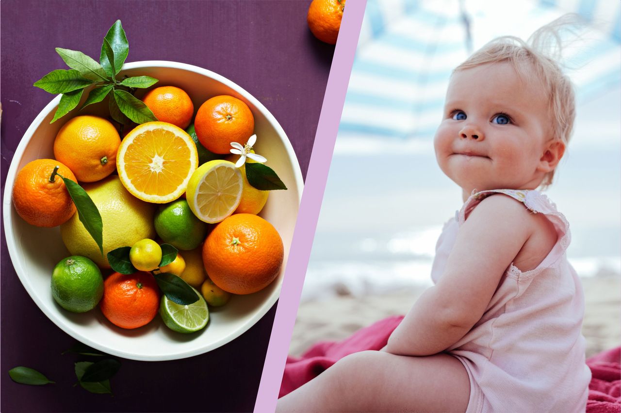 a split template showing a fruit bowl and a baby girl on a beach to represent fruit inspired baby girl name