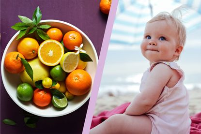 a split template showing a fruit bowl and a baby girl on a beach to represent fruit inspired baby girl name