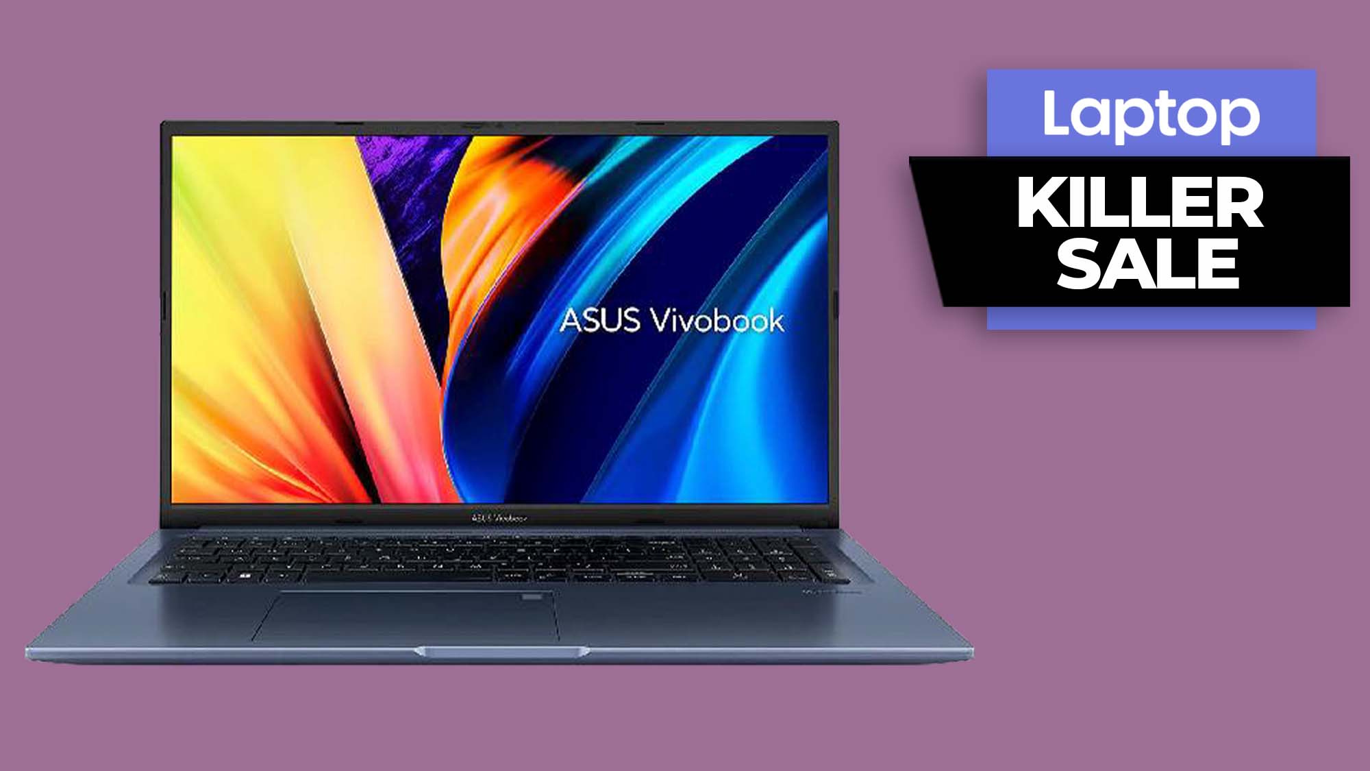 Asus Vivbook 17X on a purple background with a 