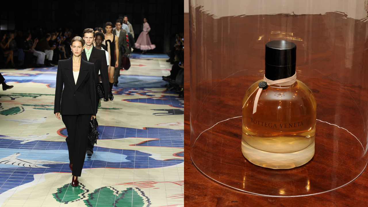 A split image of a bottega veneta runway and a bottle of bottega veneta&#039;s first perfume