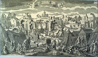 A copperplate image showing the mayhem that ensued after the earthquake and tsunami rocked Lisbon.
