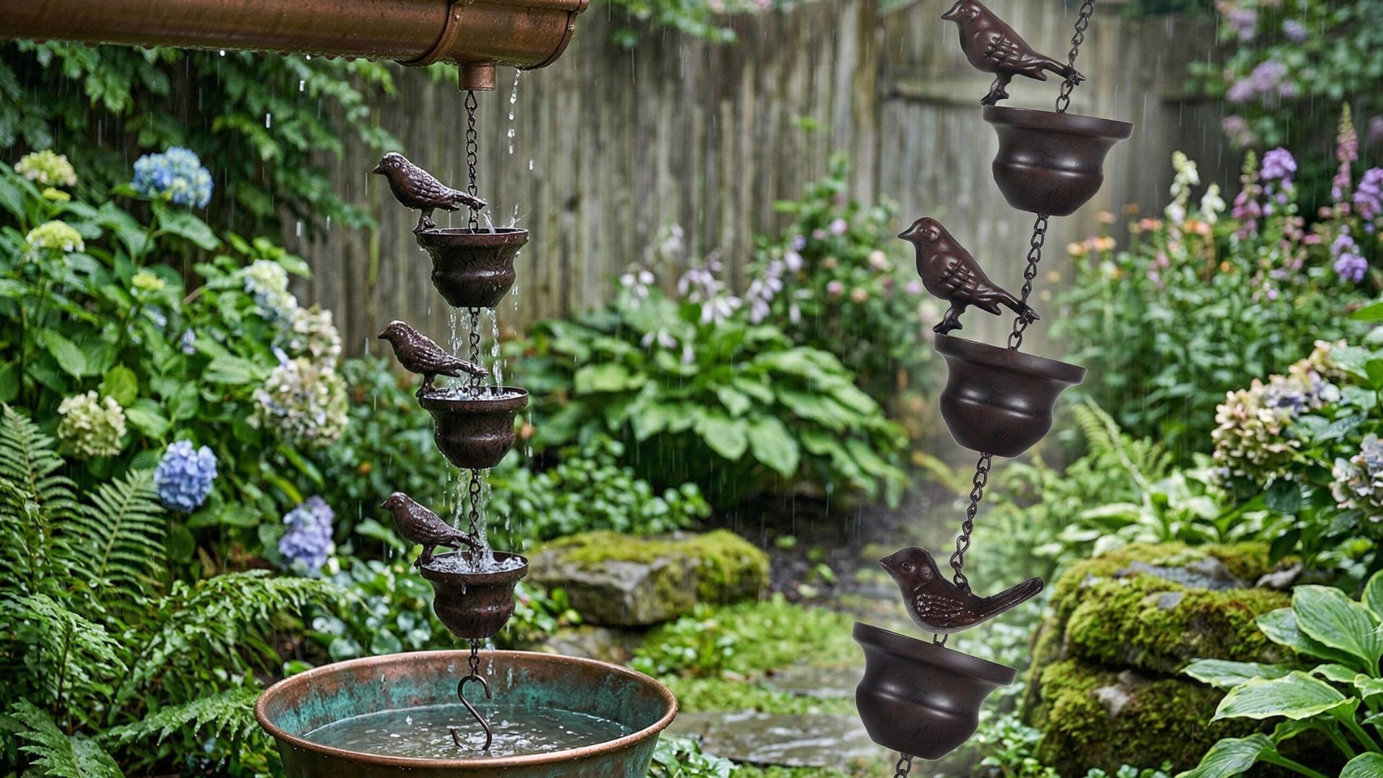 Lzvxtym Bird Rain Chain from Walmart against a backdrop of a rainy garden and water barrel