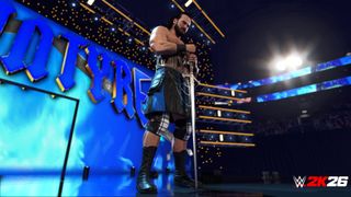 An image of Drew McIntyre wearing a kilt and wrestling championship belt, holding a large sword in upcoming wrestling game WWE 2K26