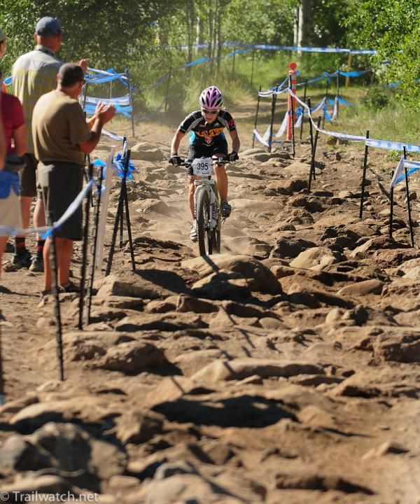Jill Behlen rides through a 100-meter rock garden