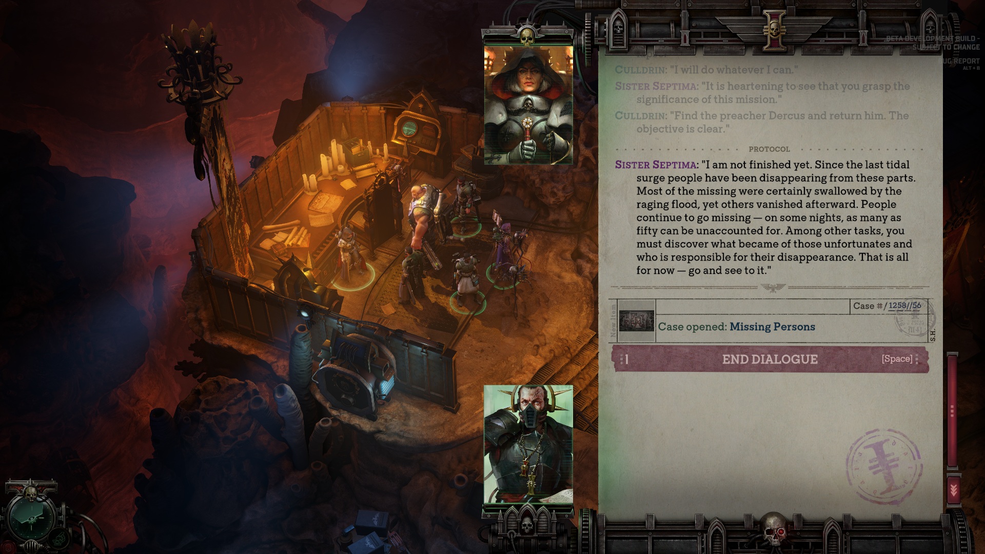 A dialogue scene from a videogame shows characters gathered in a dimly lit room with wooden walls. A text box displays dialogue from Sister Septima about missing people and tasks for the characters.