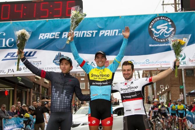The Winston-Salem podium: Joe Lewis (Hincapie Devo), Travis McCabe (SmartStop) and Zach Bell (SmartStop)