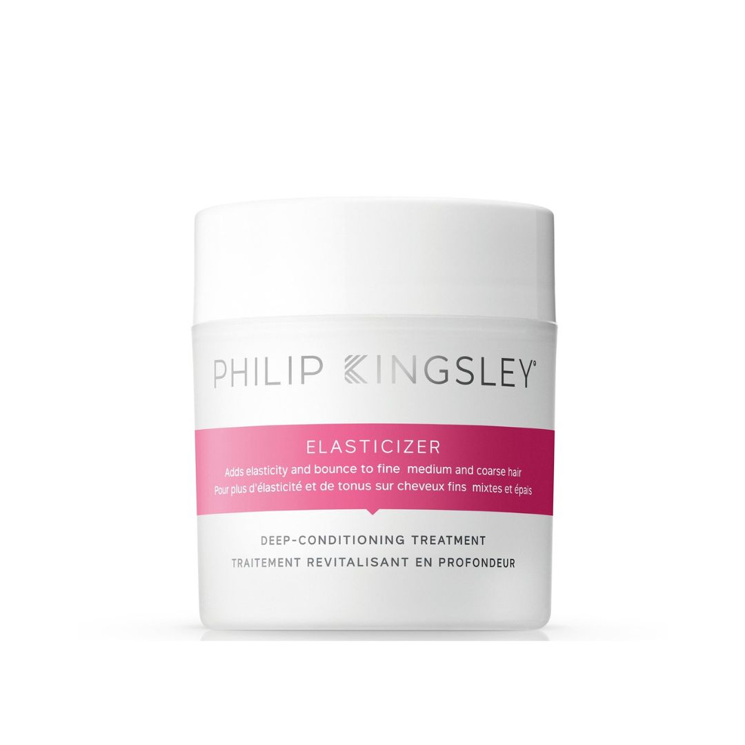 Philip Kingsley Elasticizer Deep-Conditioning Treatment v bílé a růžové dóze.