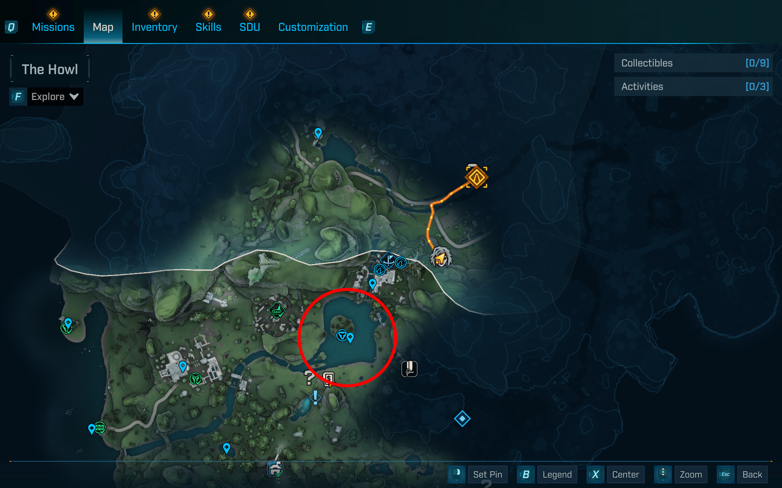 Borderlands 4 Slippy location: A map with a red circle highlighting the Fishin&#039; Spot location where you can farm the Slippy legendary fish grenade.