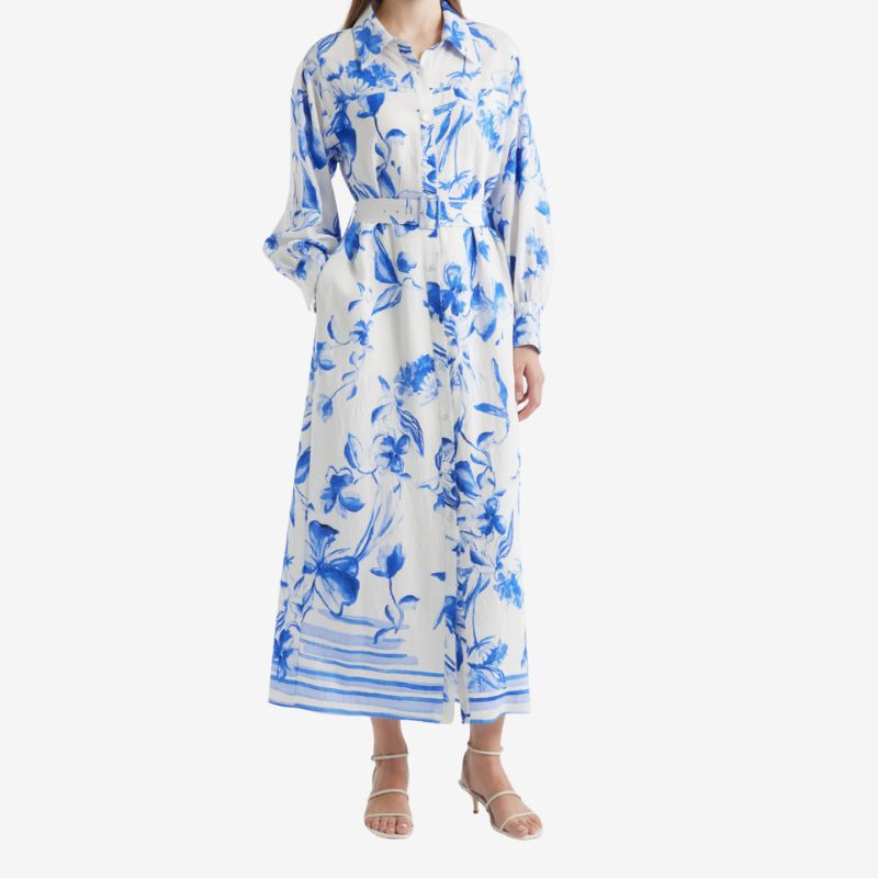 Floral Print Belted Long Sleeve Maxi Shirtdress