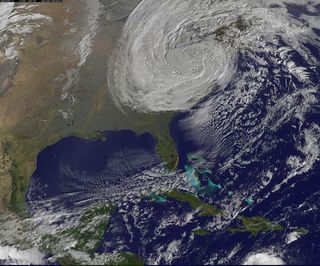 NOAA GOES-13 image of Sandy at 6:02 a.m. EDT Tuesday (Oct. 30).