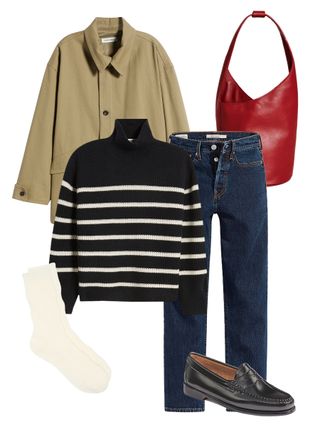 collage of striped sweater, blue jeans, black loafers, and red bag