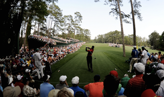 Tiger Woods hits his drive on the 14th at Augusta
