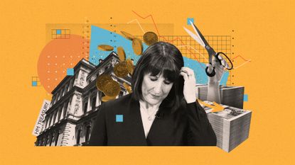 Photo composite illustration of Rachel Reeves, HM Treasury, economic charts and British currency