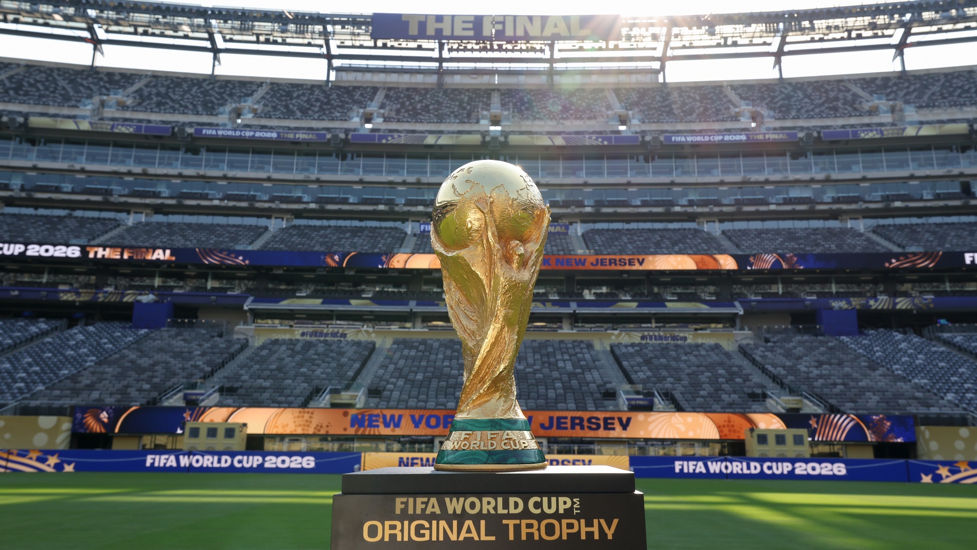 The World Cup Trophy on display at MetLife Stadium ahead of the World Cup 2026 final