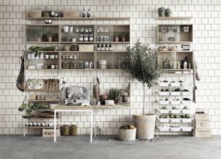 white kitchen with metro tiles and open shelving