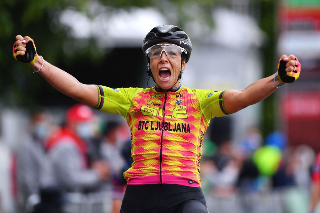 FRAUENFELD SWITZERLAND JUNE 06 Marta Bastianelli of Italy and Ale Btc Ljubljana Team stage winner celebrates at arrival during the 1st Tour de Suisse Women 2021 Stage 2 a 98km stage from Frauenfeld to Frauenfeld tourdesuisse tds tdswomen on June 06 2021 in Frauenfeld Switzerland Photo by Tim de WaeleGetty Images