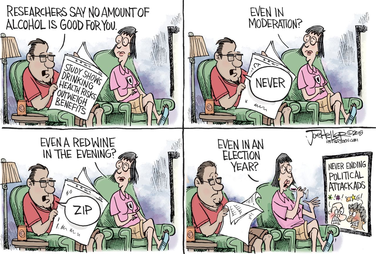 Political cartoon U.S. drinking study alcohol health risks election year