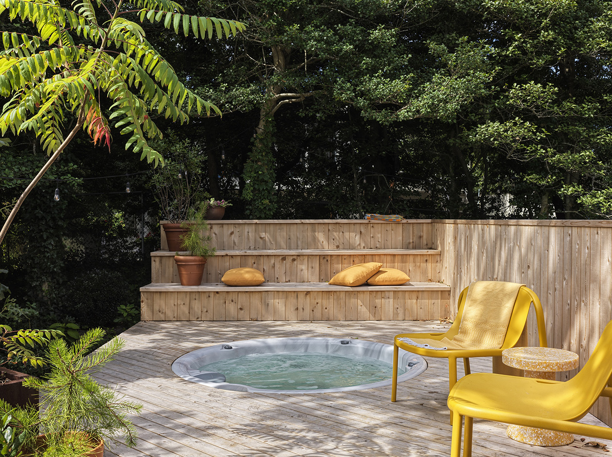 Fire Island tour of house in the pines, timber structure and pool ad warm interiors