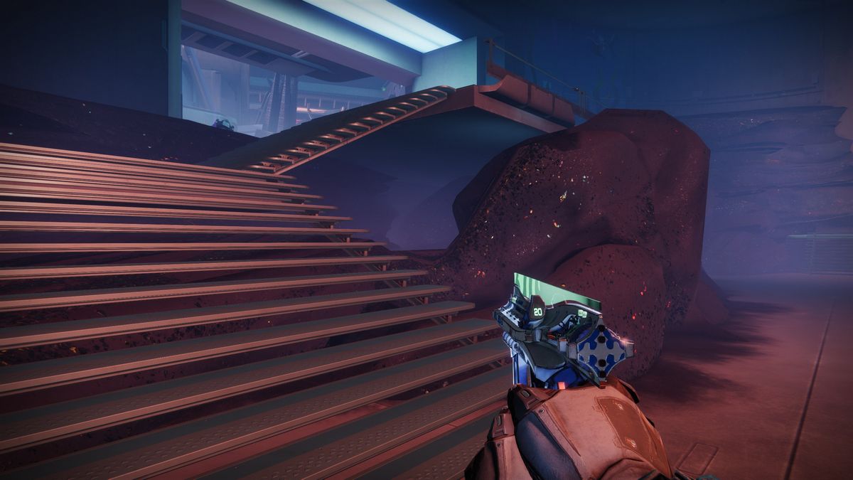 Destiny 2 action figure located beneath some stairs