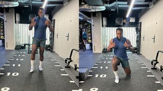 Lewis Paris demonstrates two positions of the lunge exercise in a gym