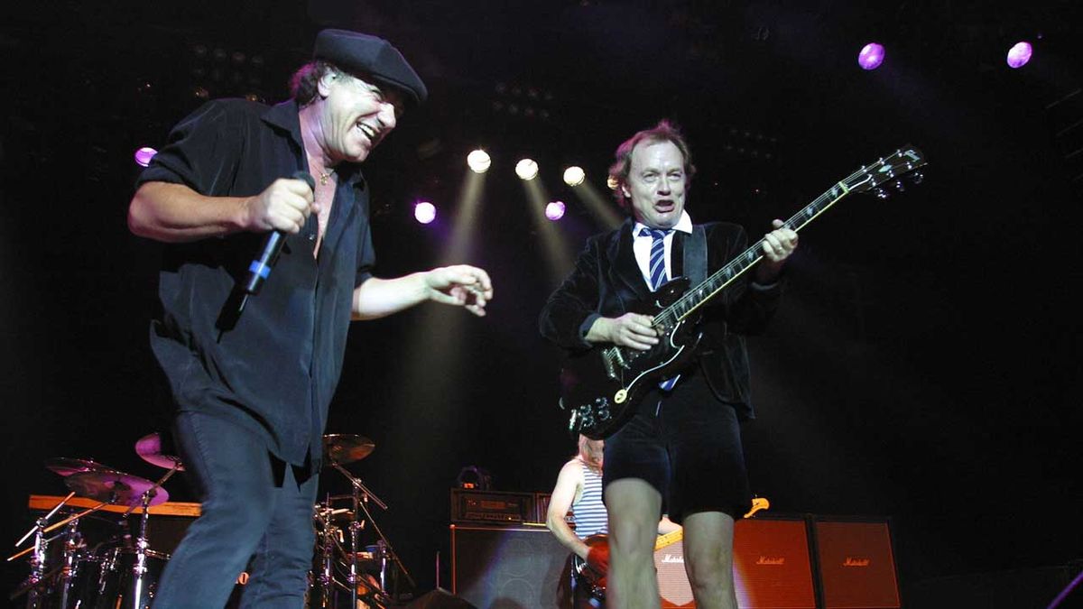 Brian Johnson and Angus Young onstage at the Columbiahalle in Berlin