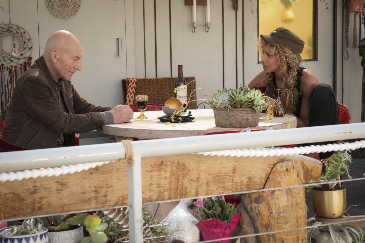 Sir Patrick Stewart as Jean-Luc Picard and Michelle Hurd as Raffi in "Star Trek: Picard" Episode 3: The End is the Beginning.