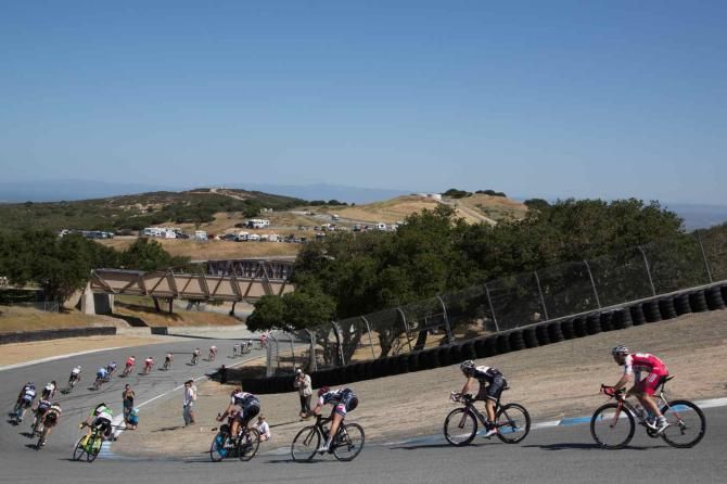 The men's field defends the infamous "Corkscrew" section of the Laguna Seca road course under warm temperatures and clear blue skies.
