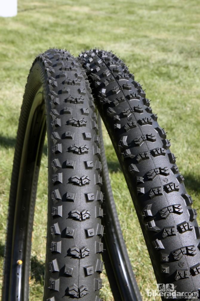 The Continental Mountain King (left) and Trail King (right) treads designed for similar conditions but the former's more rounded profile and bigger shoulder gap lends a more 'on and off' cornering personality while the Trail King is more progressive and forgiving.