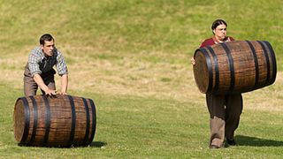 Brian Fleming (KELVIN FLETCHER), Ursula Fanshaw (BARBARA D'ALTERIO) in Father Brown season 11 in a barrel race