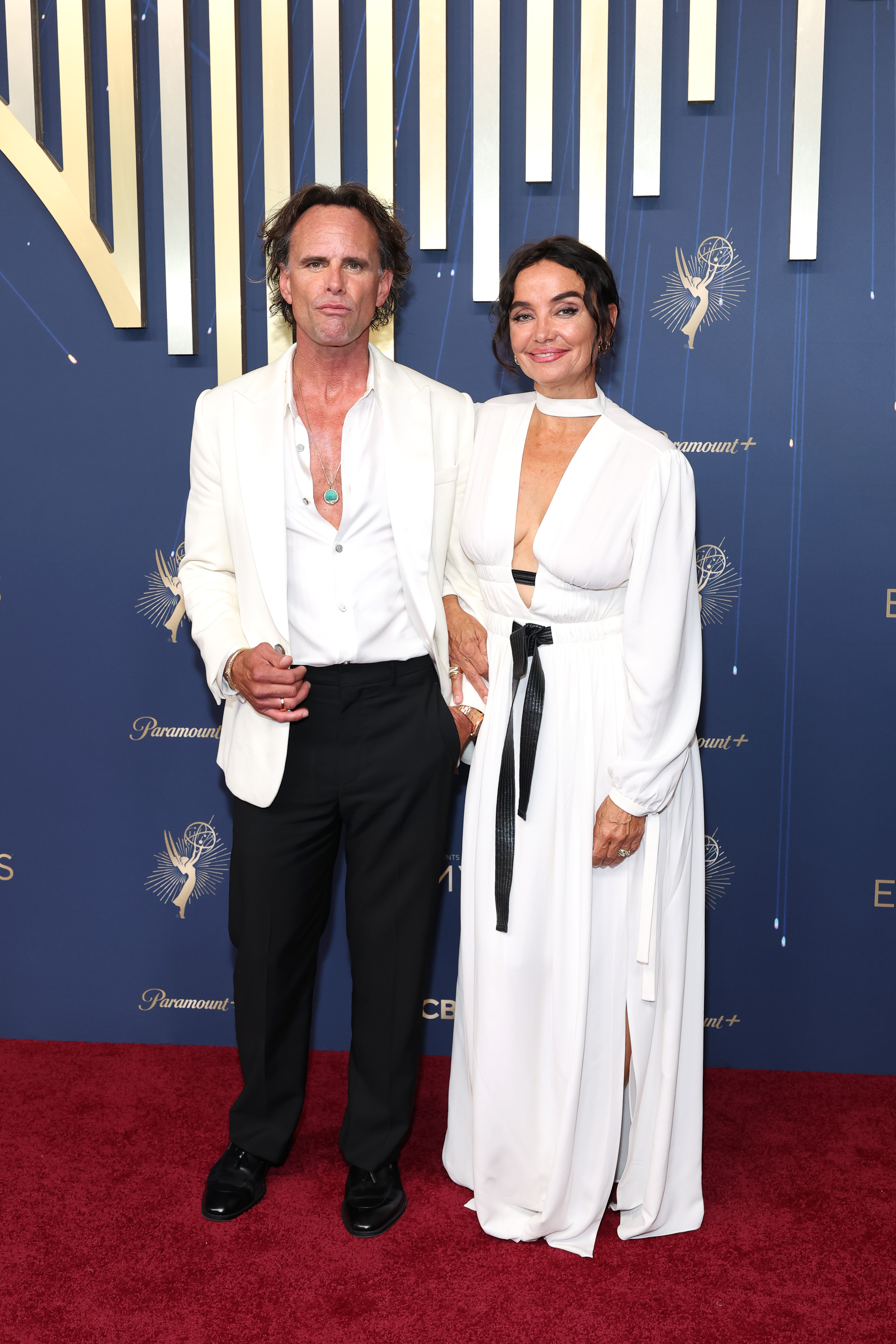 Walton Goggins and his wife attend the 2025 Emmy Awards