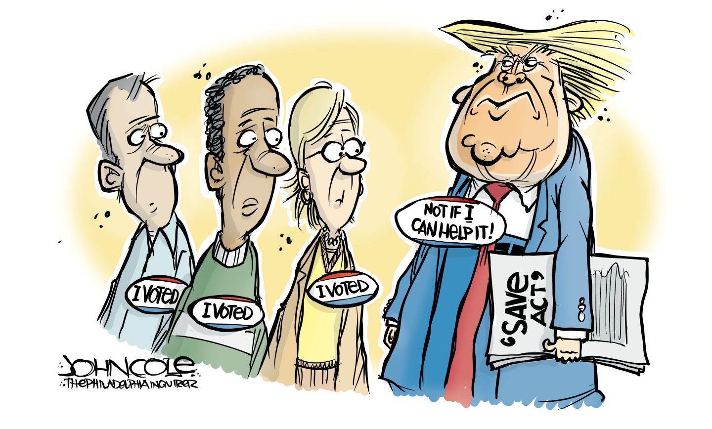 
                                Two men and a woman wear “I voted” stickers and look at Donald Trump. Trump holds a copy of the “Save Act” and wears a sticker that reads, “Not if I can help it!”
                            