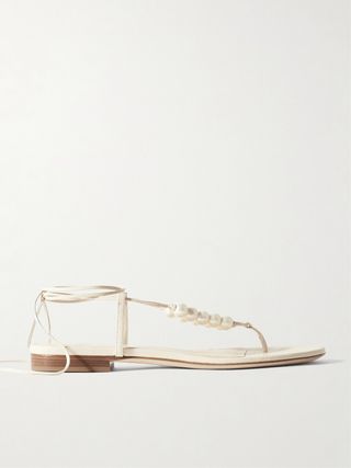 Faux Pearl-Embellished Leather Thong Sandals