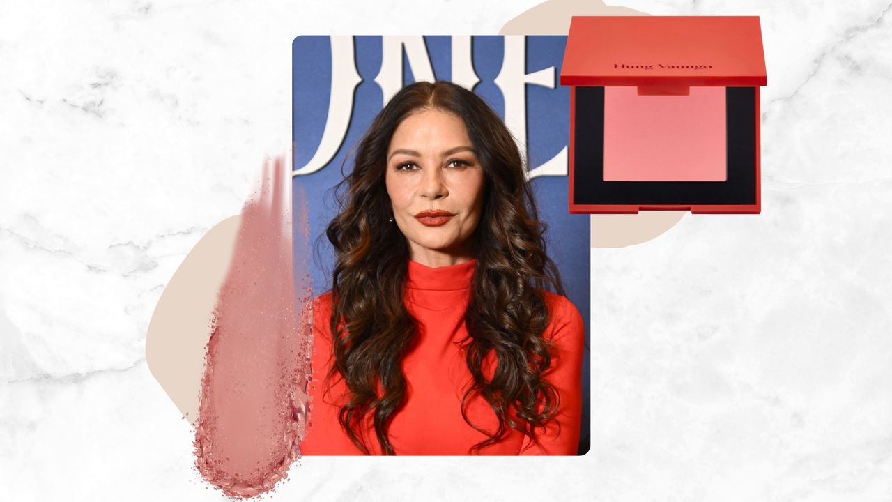 Catherine Zeta-Jones is pictured with rose-pink blush on her cheeks and wearing red lipstick, and a bright red dress, whilst attending Netflix&#039;s Wednesday SAG Nom Comm at Whitby Hotel on November 11, 2025 in New York City/ in a white and grey template alongside a product shot of the HUNG VANNGO BEAUTY Very Beautiful Matte Velvet Blush in shade Second Language and a pink powder blush swatch.