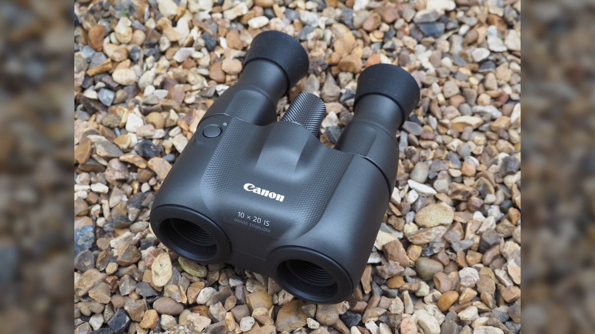 Close up Canon 10x20 IS Binoculars.