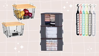 A collection of Amazon winter sale items on grid background with cut outs of food storage baskets, clothes storage boxes, and clothes hangers