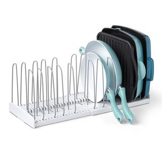 Youcopia Storemore Expandable Cookware Rack Adjustable Pan Organizer for Kitchen Cabinet Storage, White