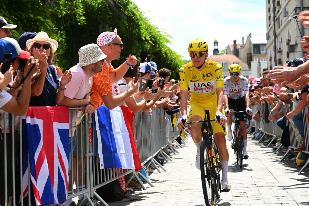 TROYES FRANCE JULY 07 Tadej Pogacar of Slovenia and UAE Team Emirates Yellow Leader Jersey pthe 111th Tour de France 2024 Stage 9 a 199km stage from Troyes to Troyes UCIWT on July 07 2024 in Troyes France Photo by Tim de WaeleGetty Images
