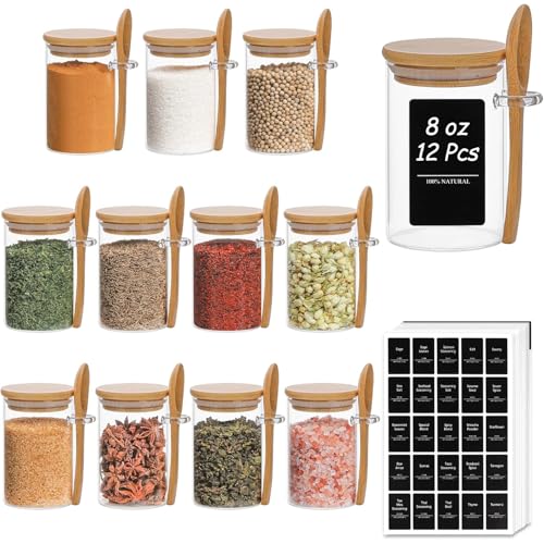 Comsaf 12 Pcs Glass Spice Jars and Spoons, 8oz Glass Containers With Bamboo Lids, Storage Containers With Airtight Lids With 275 Labels for Seasonings, Salt, Loose Leaf Tea Storage