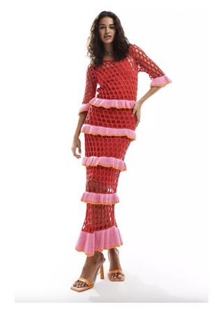 Never Fully Dressed contrast crochet maxi dress in red and pink