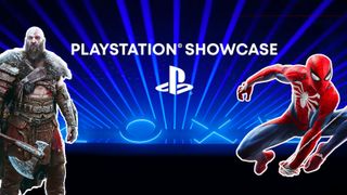 A shot of Kratos from God of War and Spider-Man on a dark blue background with the words PlayStation Showcase