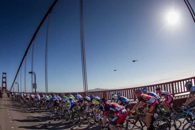 The peloton rolls along the Golden Gate Bridge.